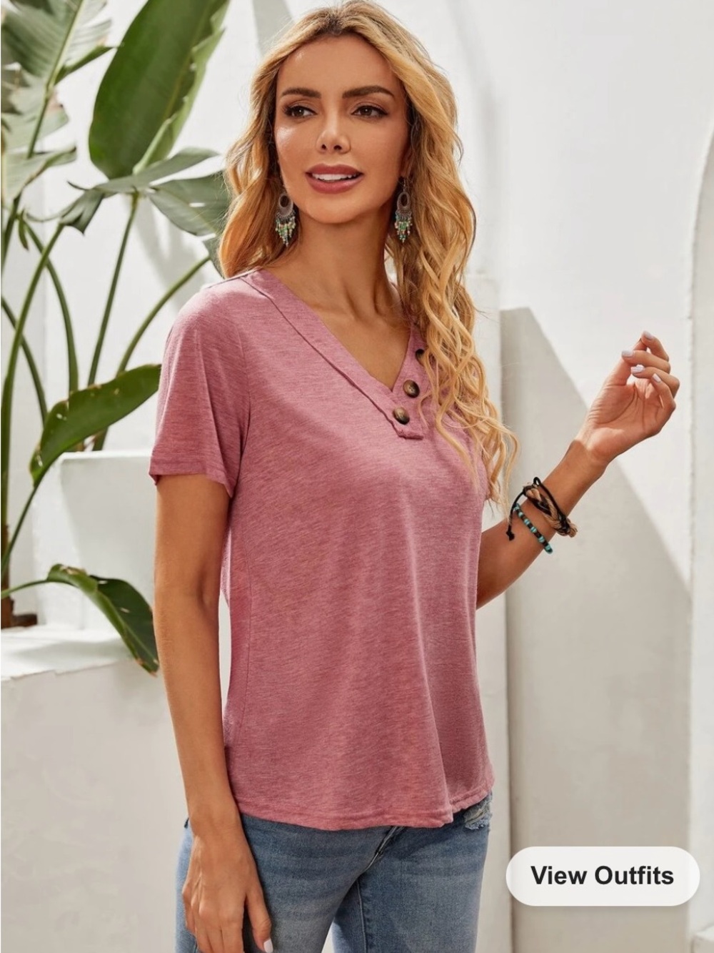 🌸S147- Emery Rose - Short Sleeve V-Neck Button Detail Top - Dusty Rose💗🛍️